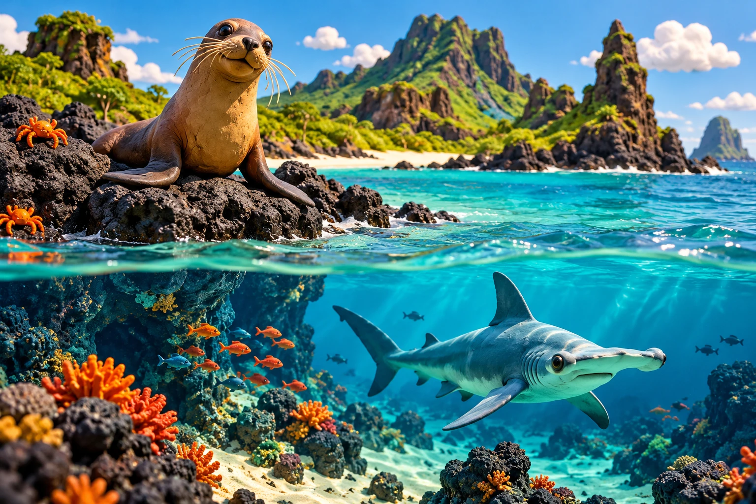Illustrated island and ocean scene