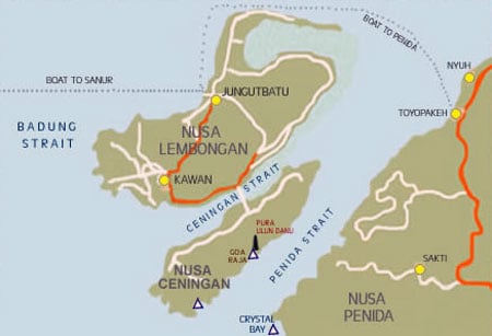 Carte des îles Nusa Lembongan, Penida et Ceningan (Bali, Indonésie)