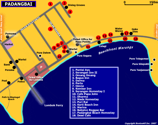 Carte du village de Padang Bai et des sites de plongée sous marine (Bali, Indonésie)