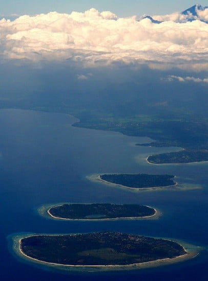 Vue aérienne des trois îles Gilis, Lombok, Indonésie
